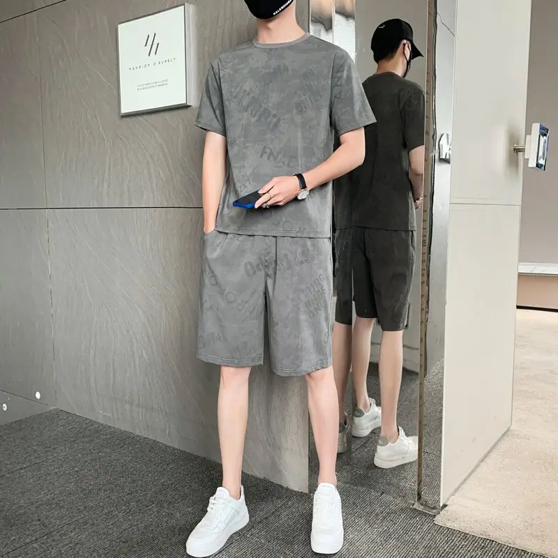 High-Quality Ice Silk Short Sleeve Suit Men's Casual Sportswear Printed T-Shirt Summer Thin Style Trend Two-Piece Set