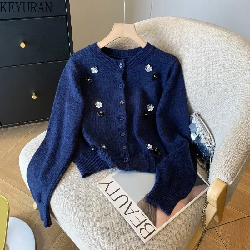 Navy Blue Long Sleeve Knitted Cardigan Women\'s Korean Vintage O-Neck Sequin Flower Sweaters Jackets Mujer Tops Knitwear Jumpers