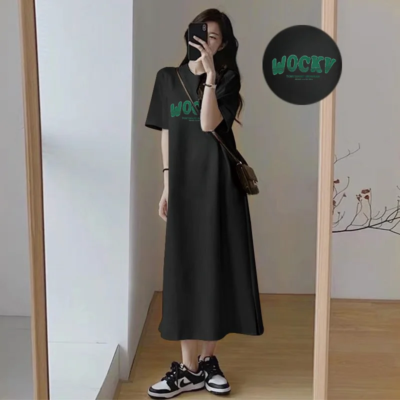 Women WOCKV Letter Print Long T Shirt Dress Oversized Loose Maxi Tee Dress Casual Short Sleeve Soft Cotton Summer Dress view 5