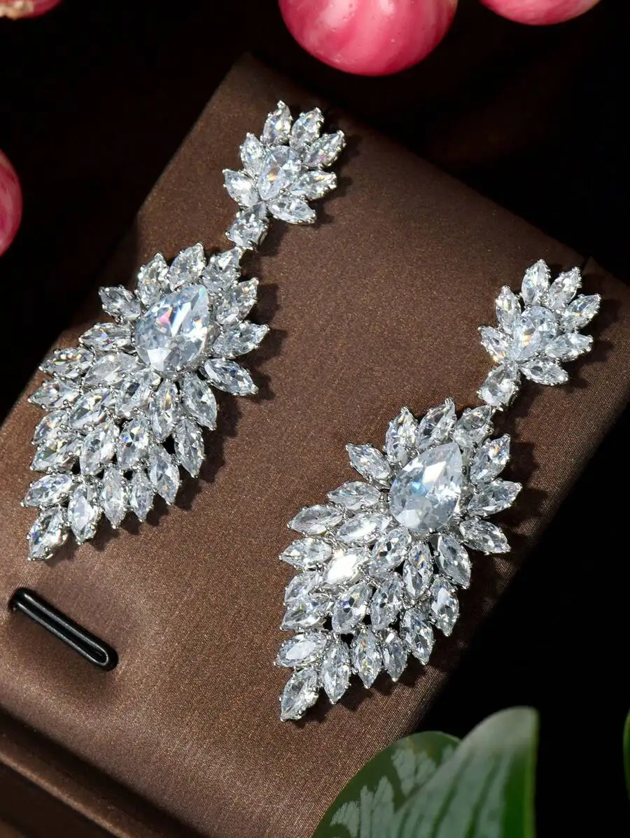 

Elegant Cubic Zirconia Floral Drop Earrings For Women Party Wear