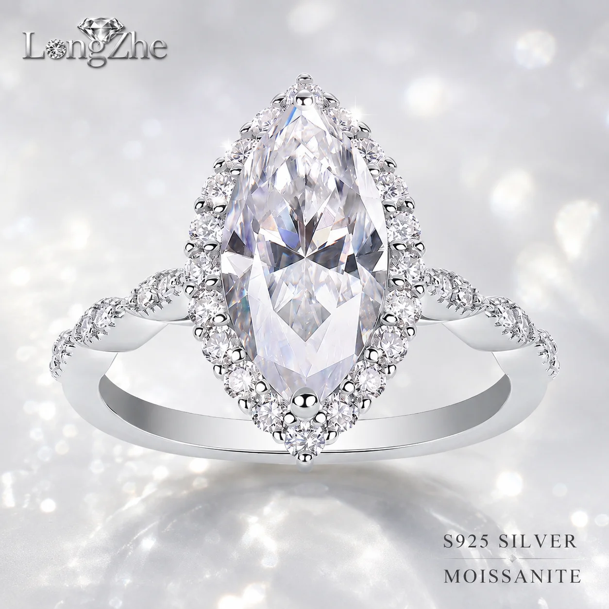 Marquise Cut Moissanite Engagement Ring for Women 7x14mm S925 Sterling Silver Halo Split Shank D Color VVS1 Fine Jewelry