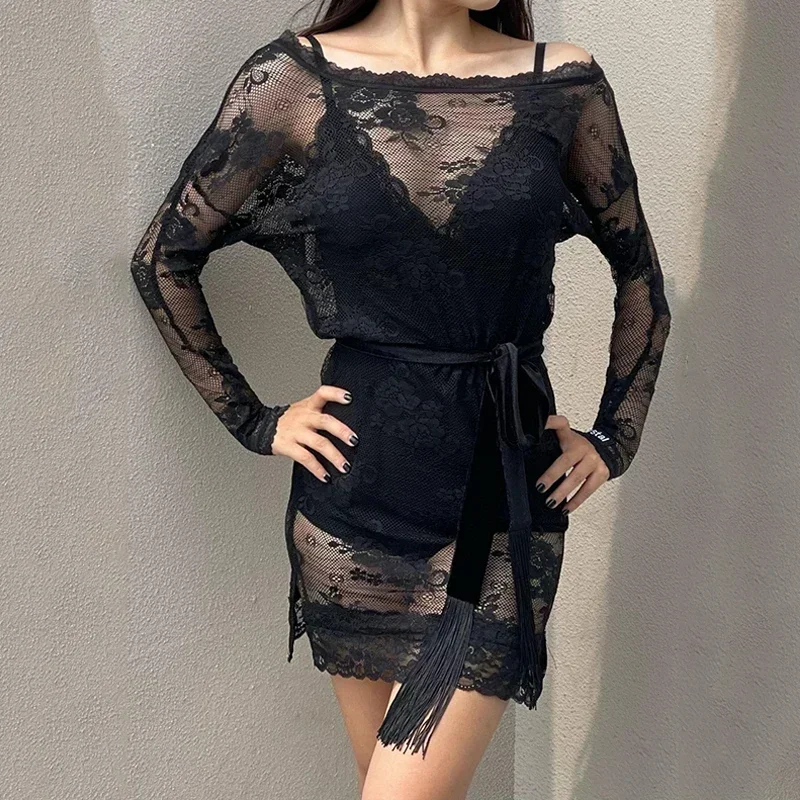 

Latin Dance Clothes ChaCha Dance Clothing Women Lace Dress Loose Training Clothes Rumba Ballroom Dancewear Long Sleeve