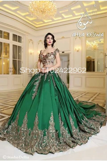 Keswa Traditionnelle tunisia Hunter abiti da sposa verdi due pezzi Sweetheart Gold Lace Beaded arabo marocchino abito da sposa AliExpress