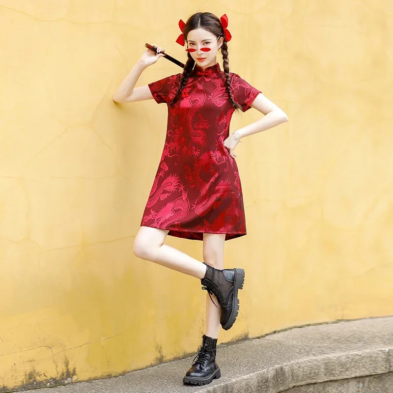 

Chinese Style Retro Red Cheongsam 2022 New Traditional Qipao Dress Women Clothing Plus Size M-4XL