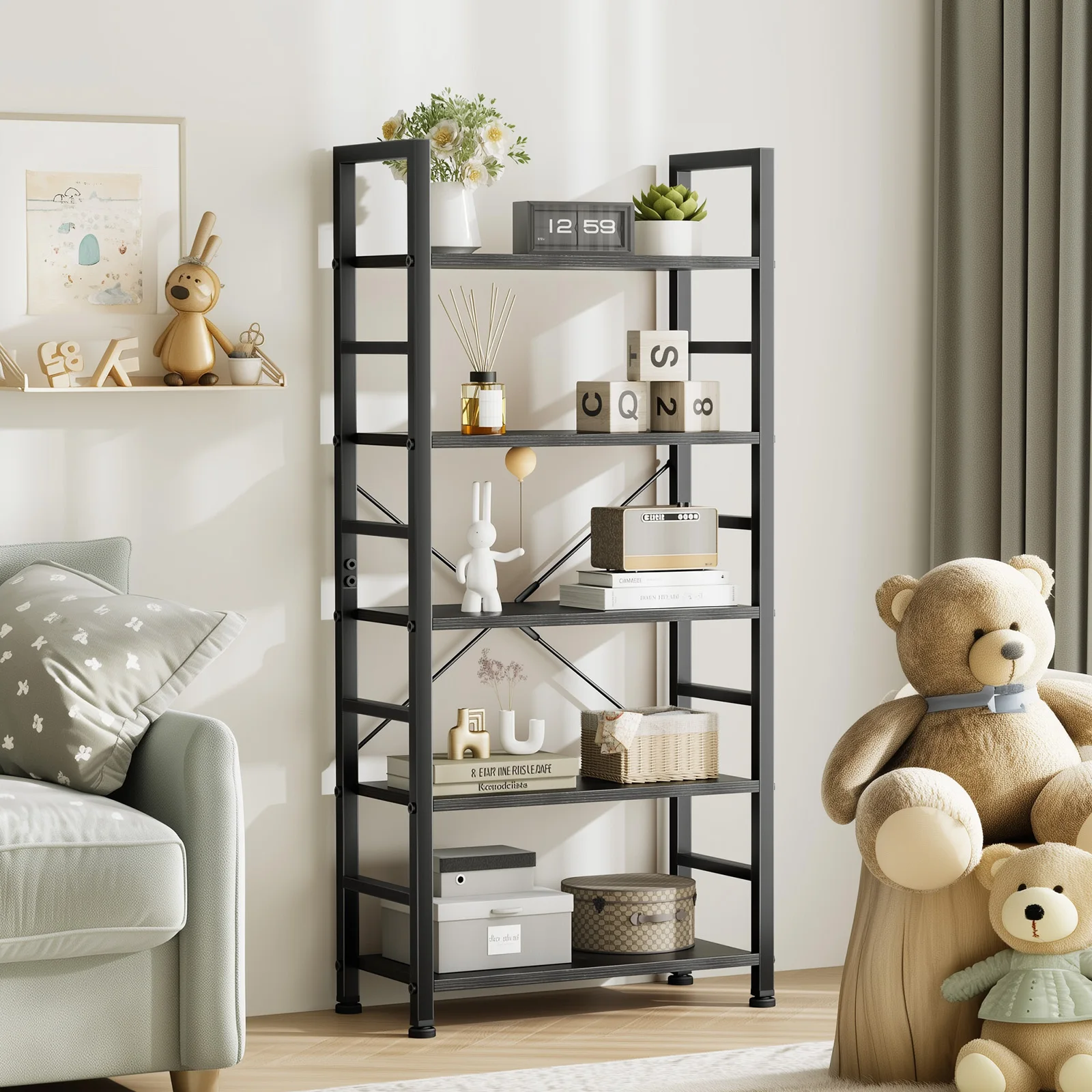 

JHK 5 Tier Wooden Display Bookshelf Storage Standing Shelf Stable Frame Graduated Shelves for Organized Display for Living Room
