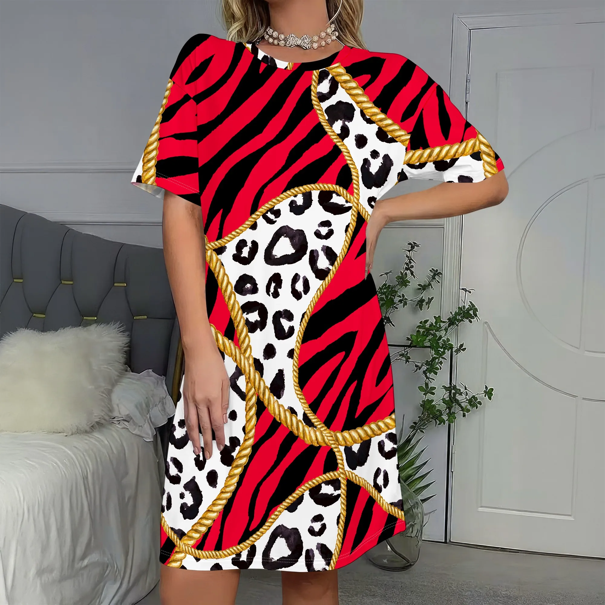 

Bold Print, Short Sleeve Dress, Red Zebra Animal Pattern, Leopard Gold Rope Trim, Party Wear for Women, S-2XL