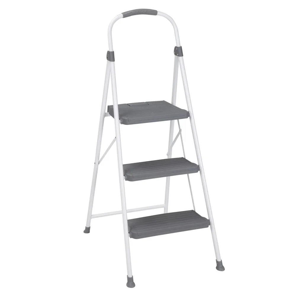 Escalera de Seguridad de 3 Peldaños, 8 Pies y 10 Pulgadas de Alcance Máximo, Blanca y Gris, Antideslizante, Ligera y Compacta para Cocina, Baño, Hogar y Garaje