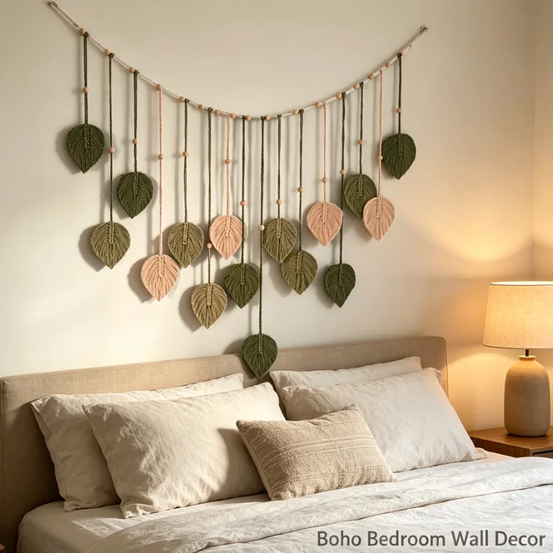 Cotton rope hand-woven wooden beads and leaves photo wall hanging, tapestry fringed wall hanging