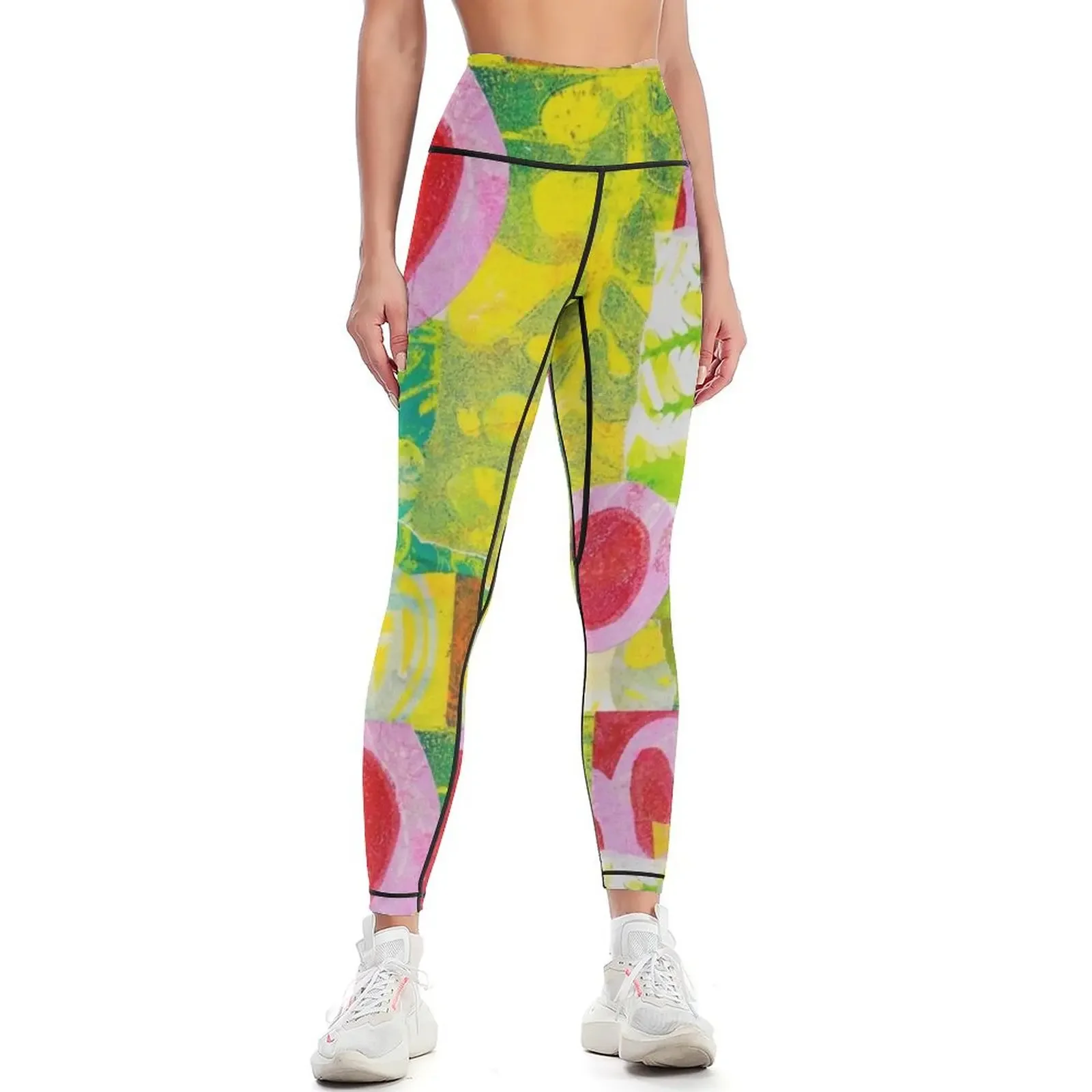 

Green Botanicals with Pink Circles Leggings sporty woman push up fitness set gym Women sportwear Womens Leggings