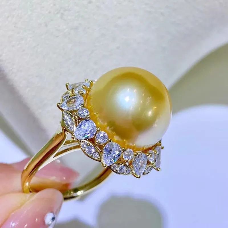 

Gorgeous HUGE AAAA 14-15 mm South Sea Gold Round Pearl Ring Versatile Women's Ring 925 Silver