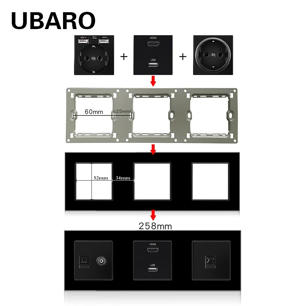 UBARO EU Standard Tempered Luxury Crystal Glass Panel Wall Socket Power Outlet Electrical Usb Type C 5V 2100mA  Ac110-250V 16A