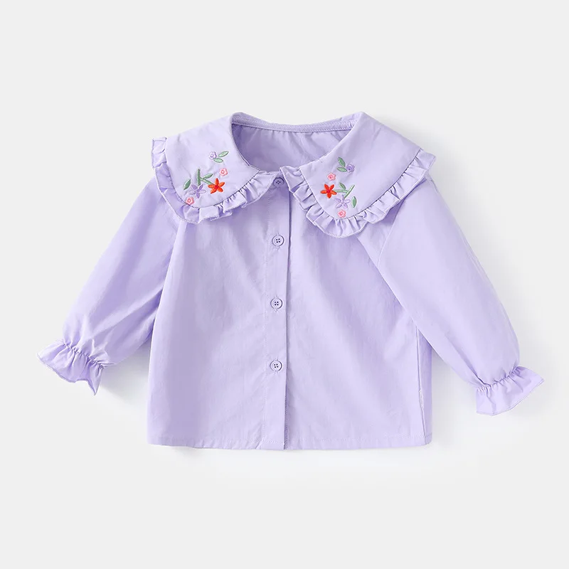 Children Girl Purple Shirts Autumn Floral Embroidery Peter Pan Collar Baby Girl Tops Cotton Solid Casual Kids Girl Long Sleeves