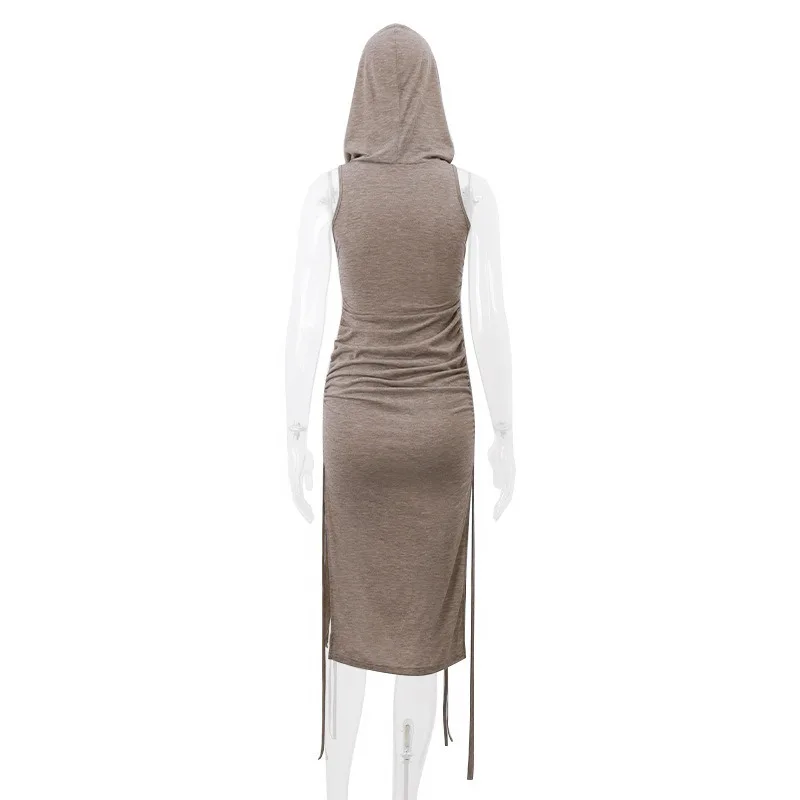 Sexy Sleeveless Women Midi Dress Vintage Draw String Wasteland Desert Style Turtlenneck Hooded Dress Sand Dune Cos Outfits