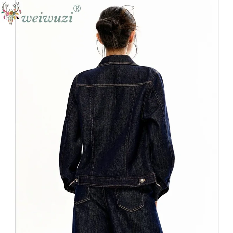 Ladies American Style Denim Blue Short Jacket Vintage Lapel Collar Full Button Placket Outer Coat Trendy Streetwear Denim Coat