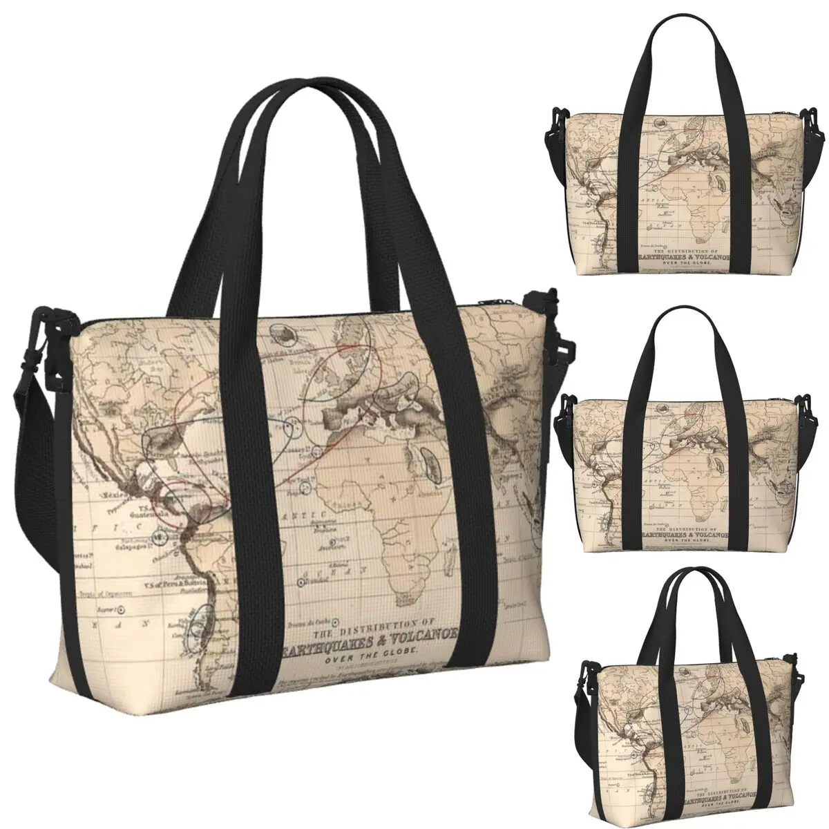 

Vintage World Volcanoes, Earthquakes And Tsunamis Map (1852) Beach Travel Bag Tote Bags Women Shopping Duffle Shoulder Bag