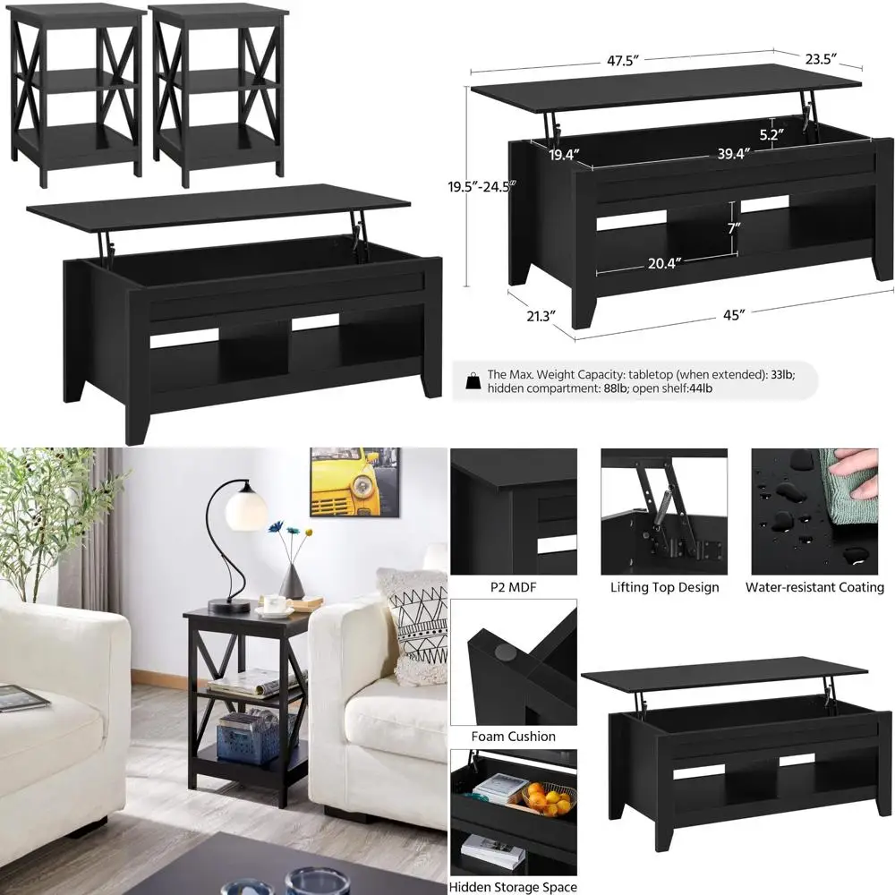 Zestaw stolików Yaheetech: stolik kawowy 121 cm i 2 stoliki boczne, stolik kawowy z podnoszonym blatem i schowkiem oraz 3-poziomowy stolik pomocniczy z schowkiem.