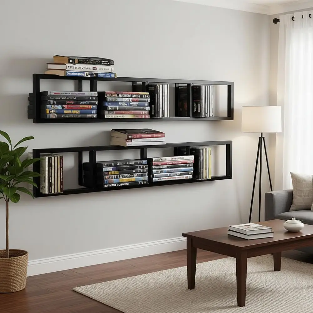 

34-дюймовая металлическая плавающая полка для компакт-дисков и DVD-дисков, компактная стойка для хранения медиа-материалов, черная.