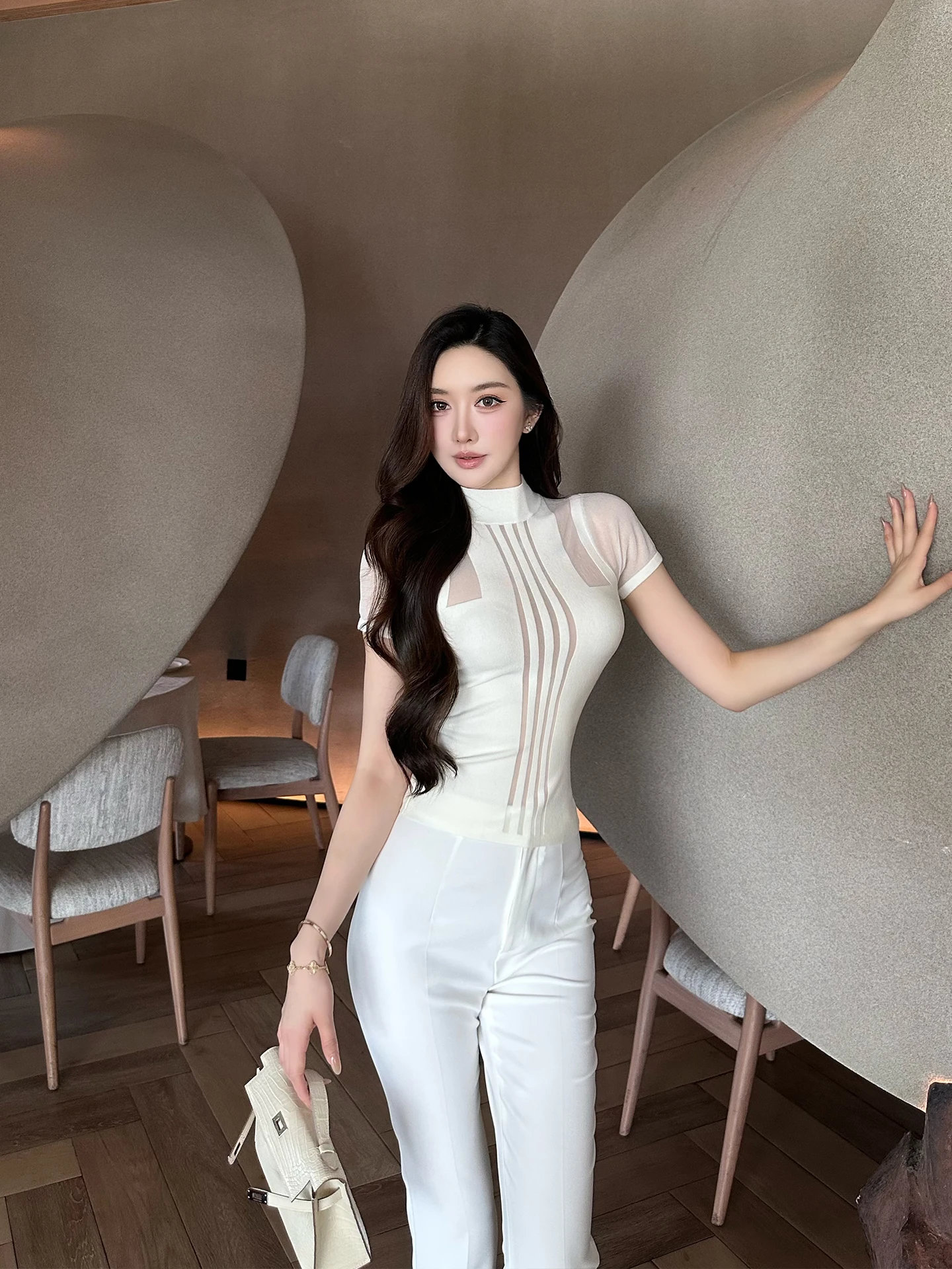 

Sexy Me Splice Hollow out ort Sve Top f Высокий воротник Slim Fit Эластичная футболка Повседневная однотонная летняя футболка для...