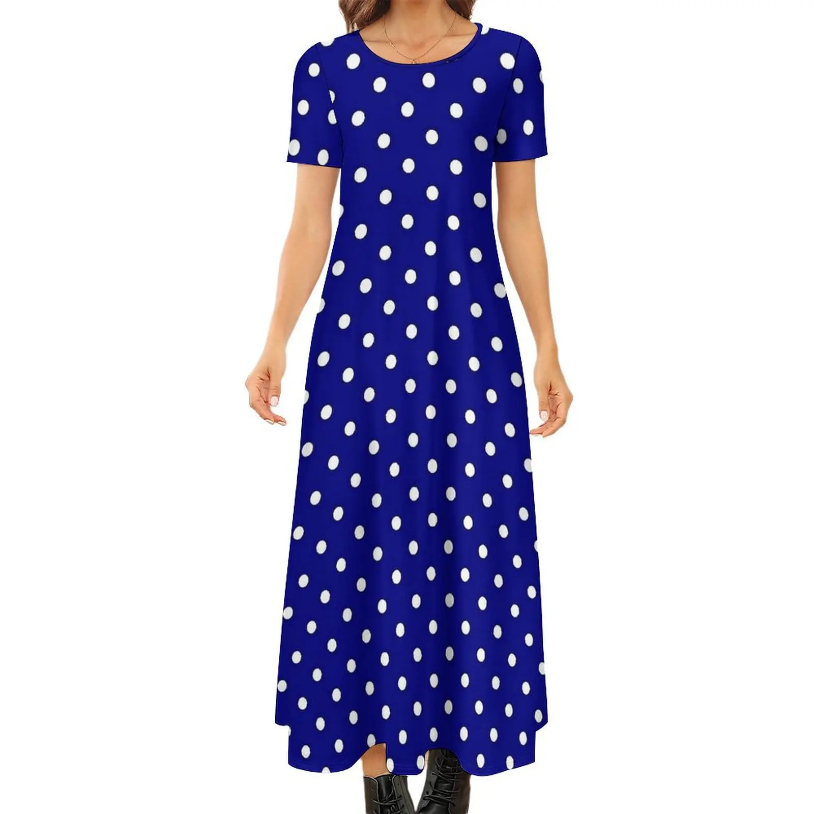 Blue Polka Dots Dress Vintage Print Elegant Maxi Dress Woman Short Sleeve Streetwear Boho Beach Long Dresses Big Size