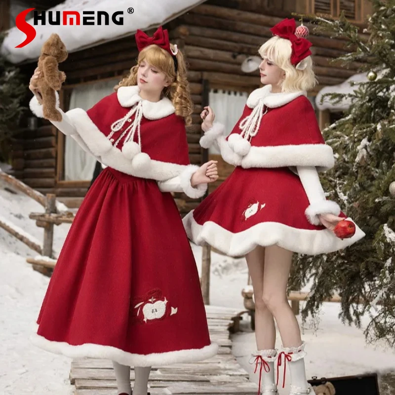 

Осенне-зимнее милое красное платье в стиле Лолиты для девочек, комплект накидок для женщин, тонкое элегантное длинное платье на бретельках с высокой талией, JSK, платье для дня рождения