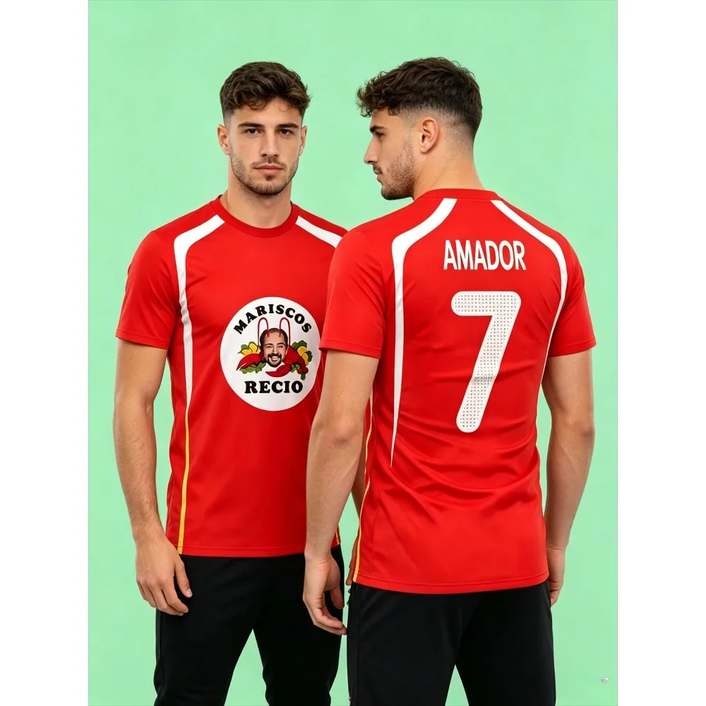 Camisetas de Fútbol Amador Vicente Recio Verano 2026, Camiseta Deportiva con Estampado de Mariscos y Camarones Recio, para Hombre y Mujer