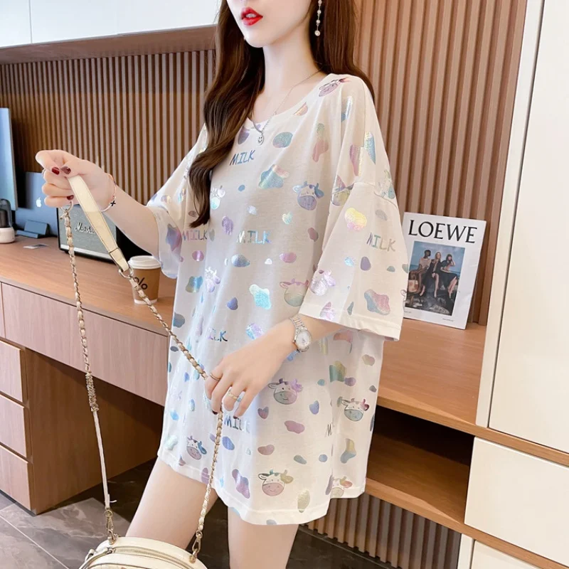 Women's Summer Gold Stamping Reflective Short Sleeve T-shirt Fashion Casual Loose Versatile Round Neck Tops Mid Length T-shirt