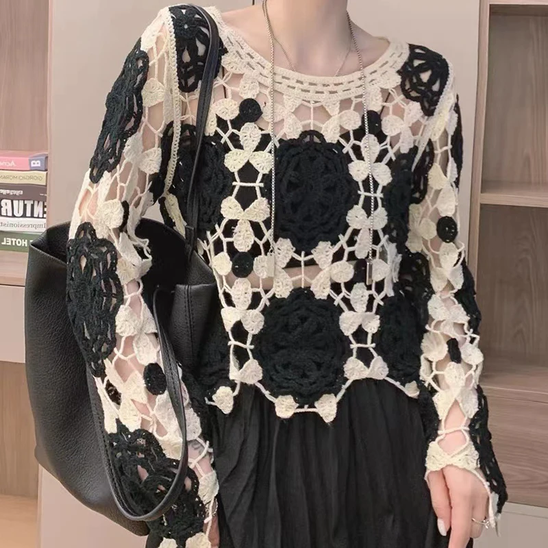 Spring Summer Women Knitting Crop Top Fairy Grunge Long sleeves Crochet Hollow Out T-shirt Korean Cute Tee Casual Streetwear