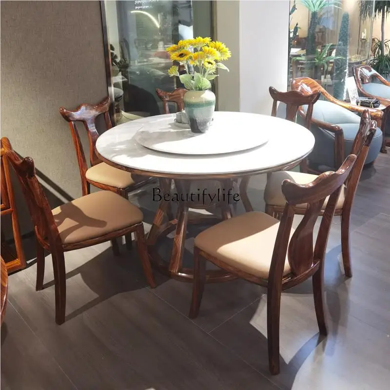 

New Chinese luxury stone ebony Dashi big round flat wood round dining stone villa