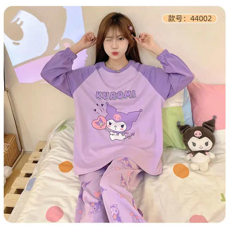 Cotton Pajamas Cartoon Kuromi Female Spring Autumn Homewear Cute Girls Sweet Long Sleeves Pants Large Size Lounge Clothes Suit