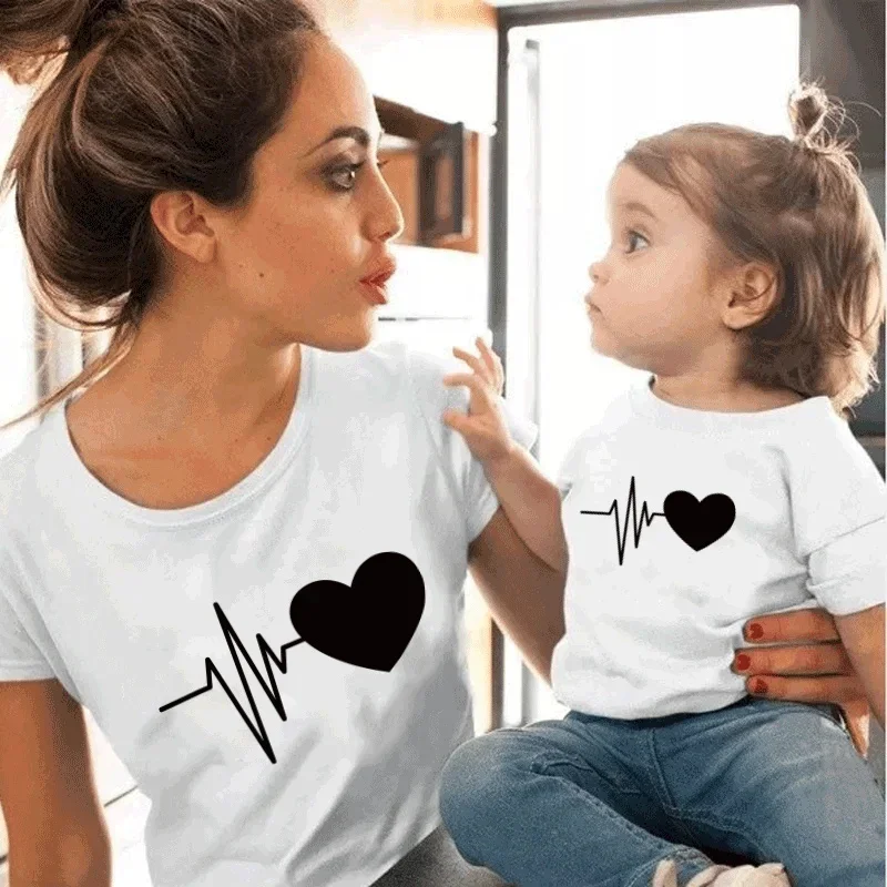 1PC Electrocardiogram Printed Family Matching Clothes T Shirt Fashion Mother and Daughter Clothe Mommy and Me Family Look Tshirt