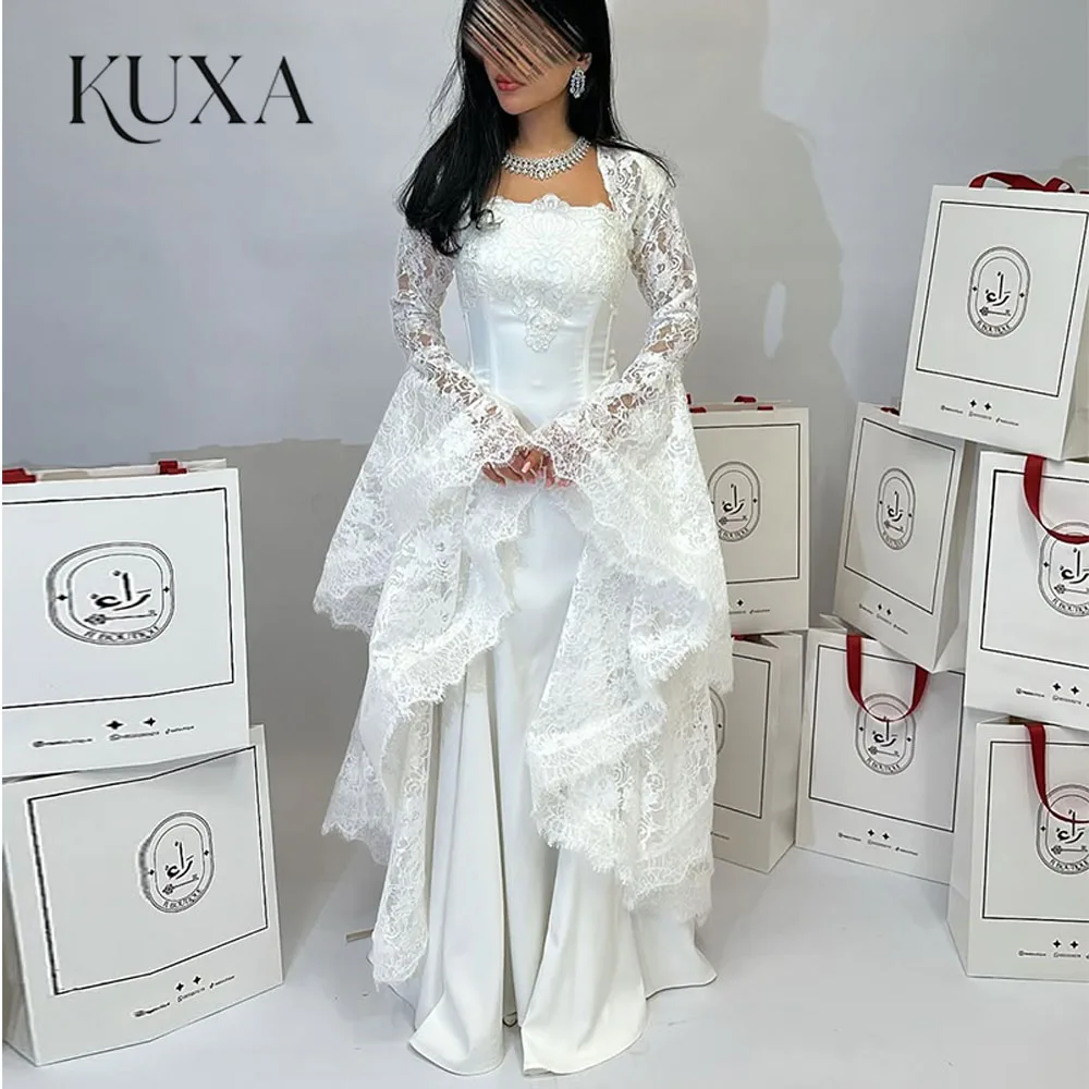 KUXA Brautkleider mit Spitzen-Flare-Ärmeln 2026, Reißverschluss hinten, A-Linie, Saudi- Kuwait, individuelles Brautkleid, Braut-Hochzeits-Partykleid