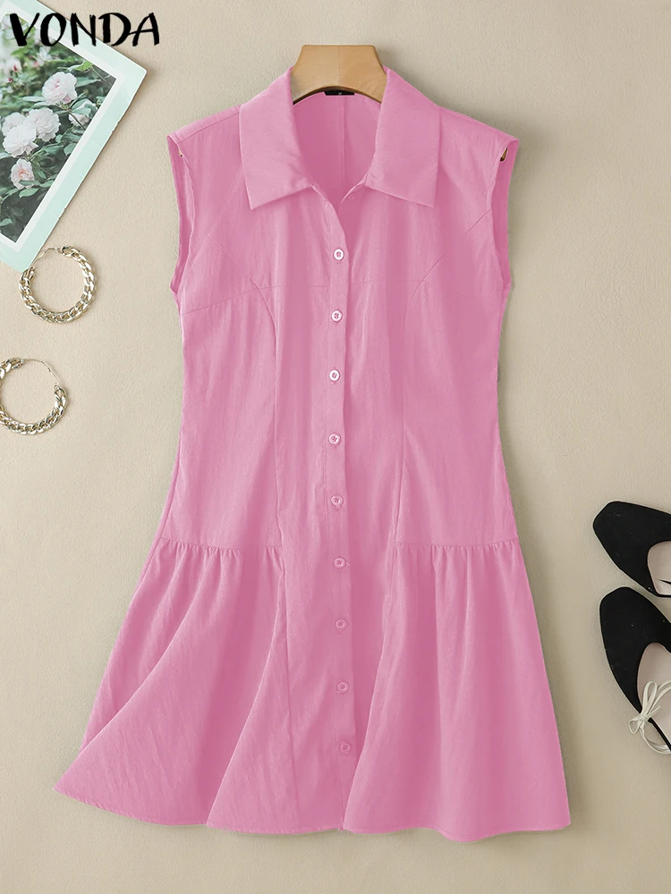 Solidna Mini Sukienka Damska Letnia Bez Rękawów Tank Sundress 2025 VONDA Casualowa Sukienka z Klapami i Guzikami Elegancka Falbankowa Vestidos Luźna Krótka Szata