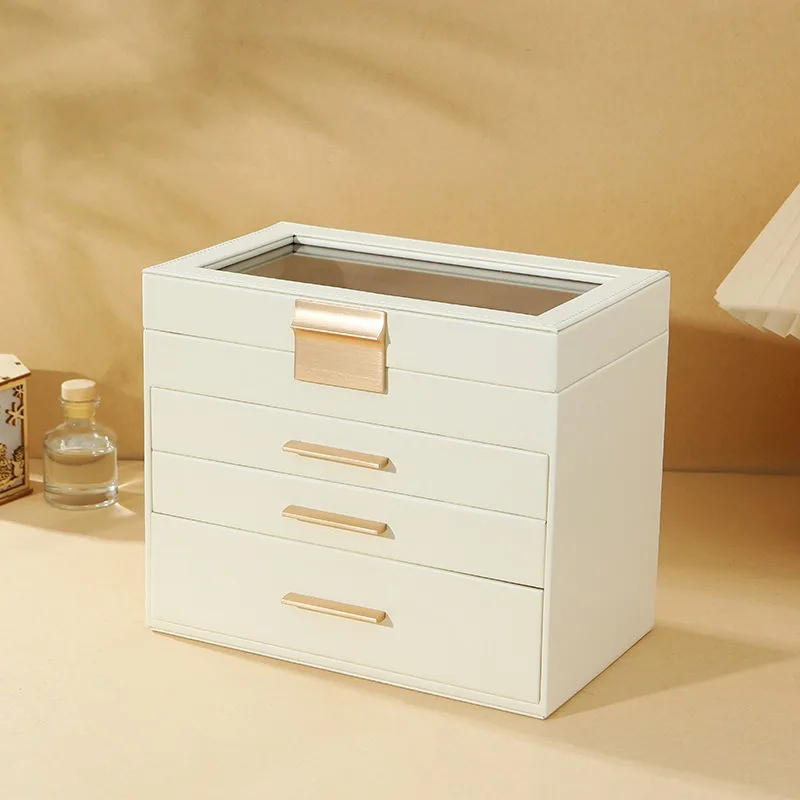 PU Open Window 4-Layer Jewelry Storage Box for Necklaces, Earrings, and Delicate Accessories with Gold Drawer for Jewelry