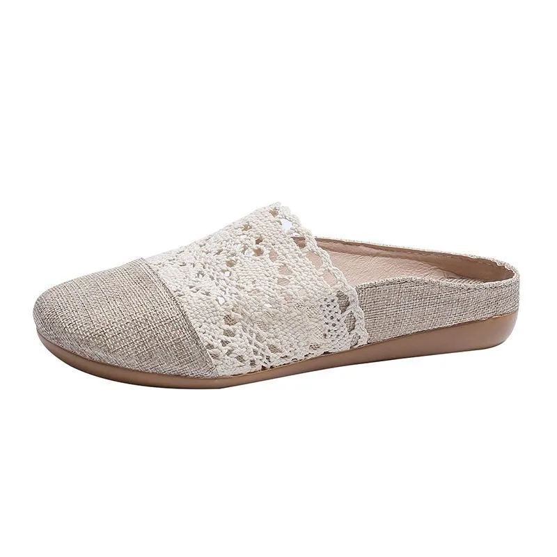 Kobiety Mesh Toe Half Slippers Summer New Fashion Flip Flops Slingback Linen Lace Hollow Wygodne białe kapcie dla kobiet