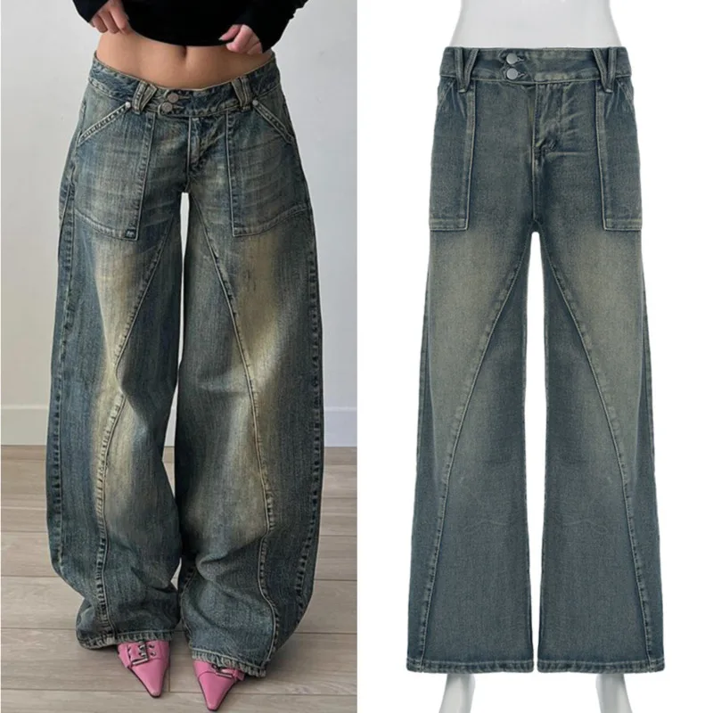 Vintage Vintage Irregular Jeans High Street Divider Pocket Jeans New Fashionable And Casual Versatile Low Waist Wide Leg Pants