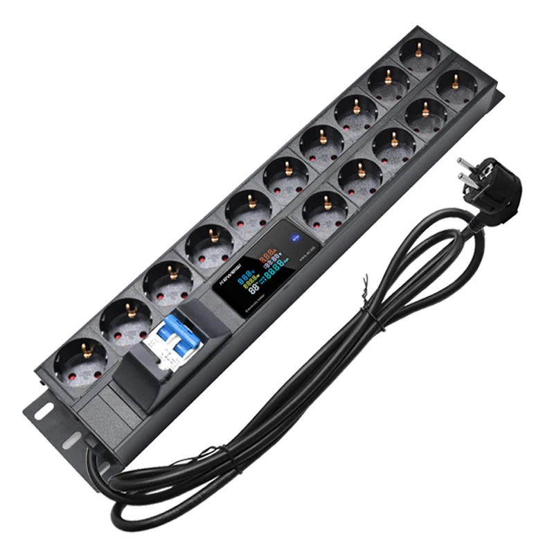 

19inch 2U Cabinet PDU power strip 15 way EU Plug Socket distribution unit ammeter/voltmeter/power tester 16A Circuit breaker