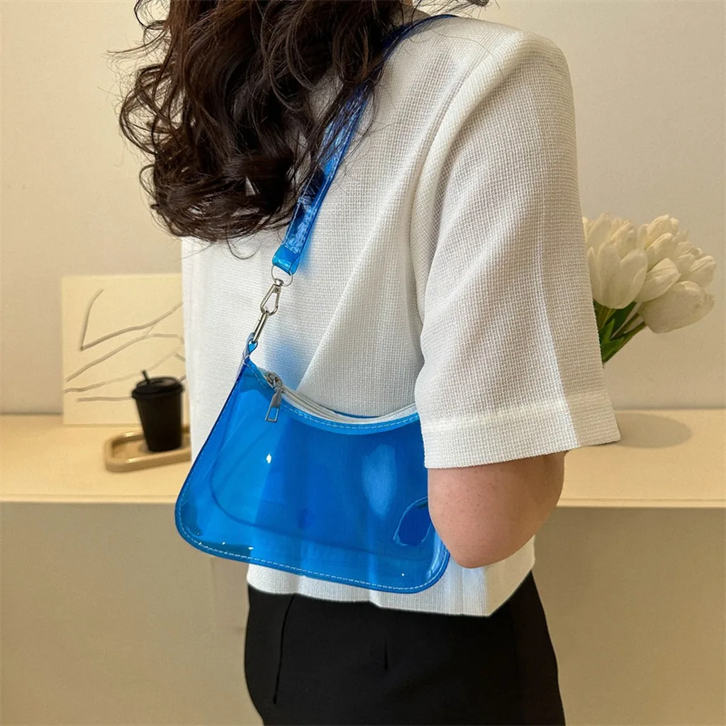 Pvc Shoulder Bag Versatile Women'S Underarm Bag Candy Color Handbag Transparent Fashion Shoulder Bag For Dating Commuting