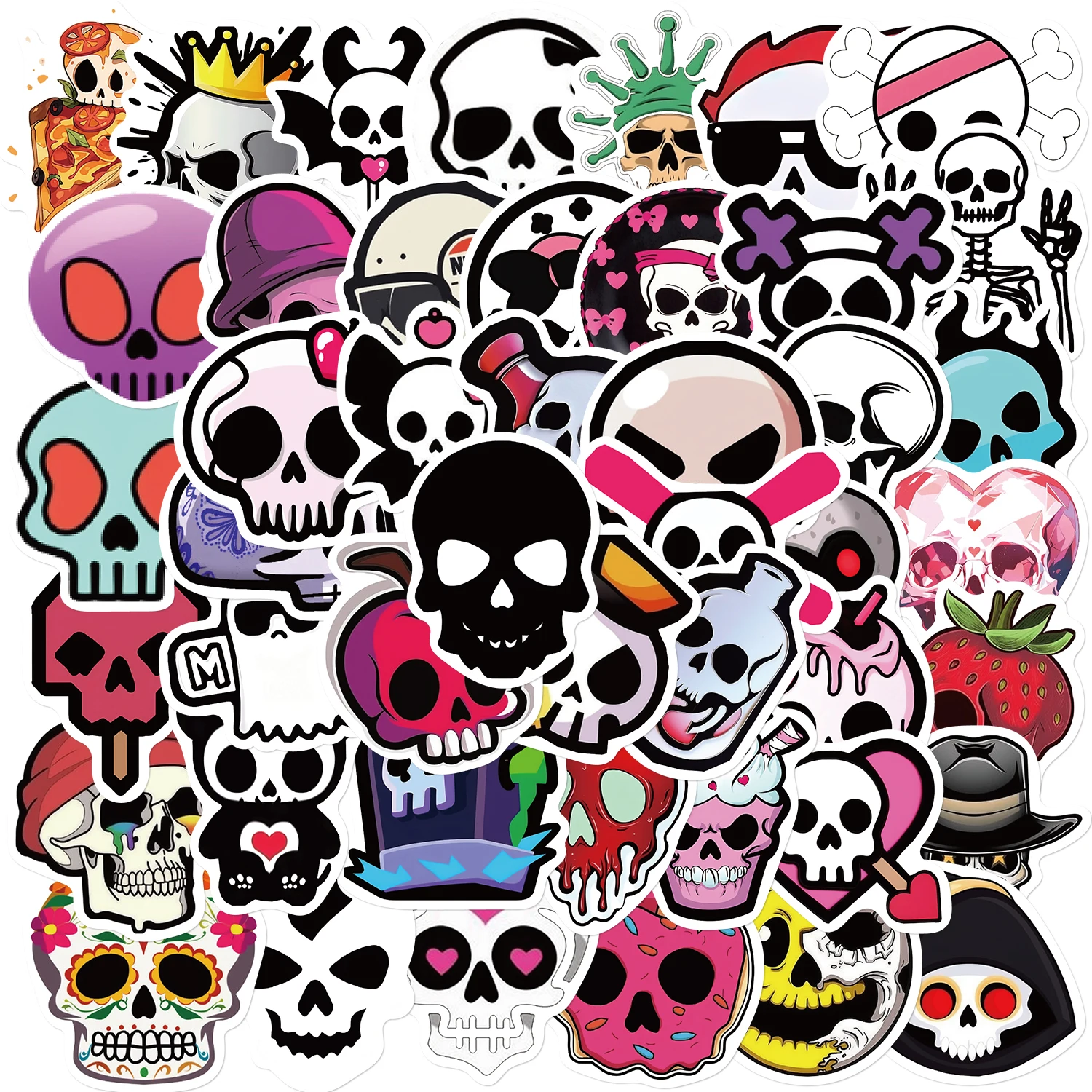 Cabeça do crânio dos desenhos animados adesivos, impermeável, manuais, casos de telefone, laptop, skates, bagagem, 52pcs