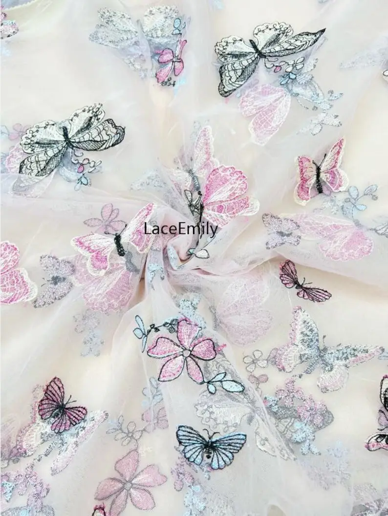 1 Yard 3D Butterfly Embroidery Lace Fabric Butterfly white tulle fabric for Wedding Gown, Bridal Dress, Summer Dress, Baby