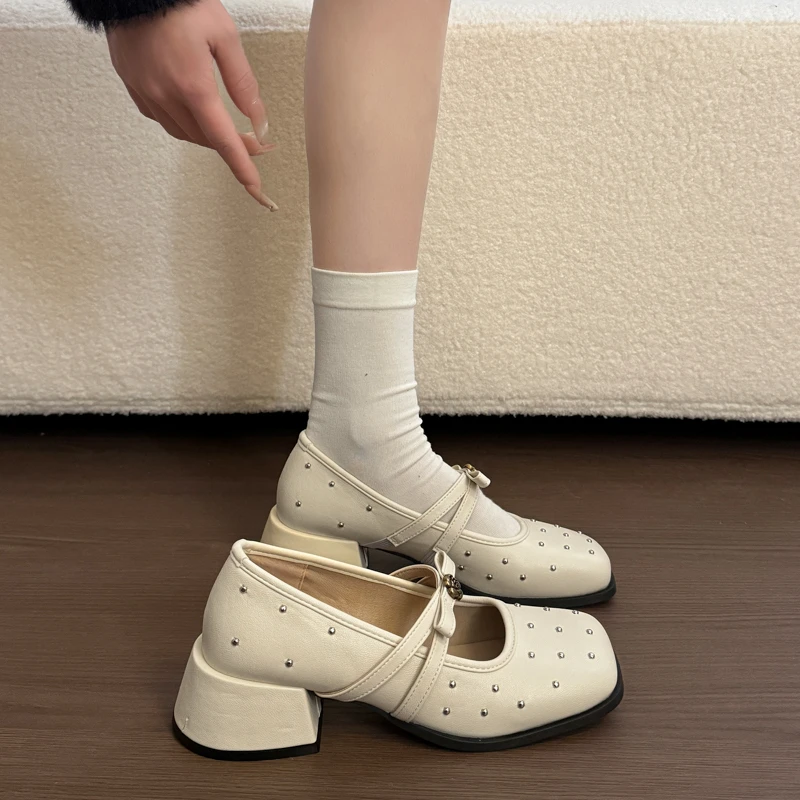 

Fashion Women's Ladies Studded Chunky Block Heel Pumps Square Toe Cross Buckle Strap Casual Summer Office Party Work Dress Shoes