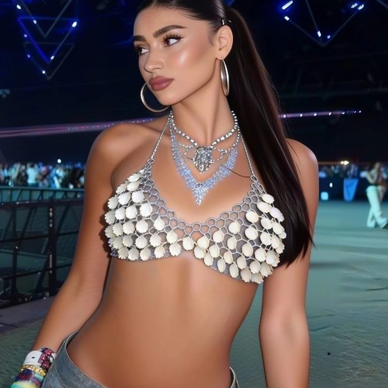 Music Festival Outfit Handmade Women Shell Hollow Out Bralette Sexy Halter Body Chain Seashell Bikini Top