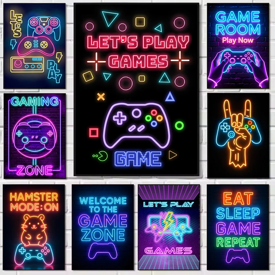 1pc frameless Canvas Painting Eat Sleep Game Repeat Gaming Gamepad Game Zone Neon Sign Poster Printed Canvas Painting Wall Art P