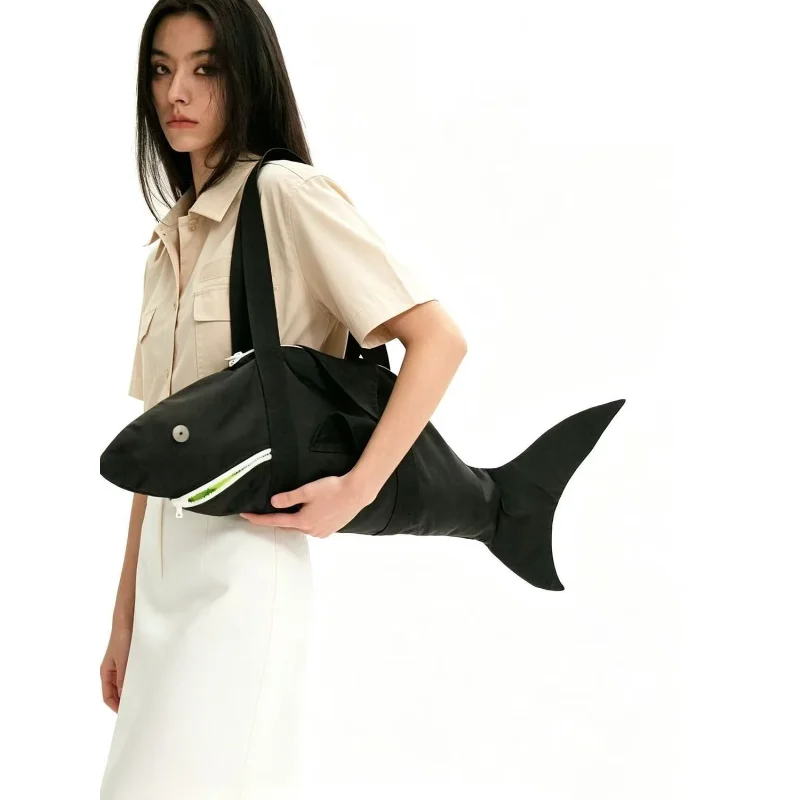 Novelty 3D Shark Shaped Nylon Shoulder Tote Bag Large Capacity Zipper Handbag Casual Fashion Shopping Travel Crossbody Bag