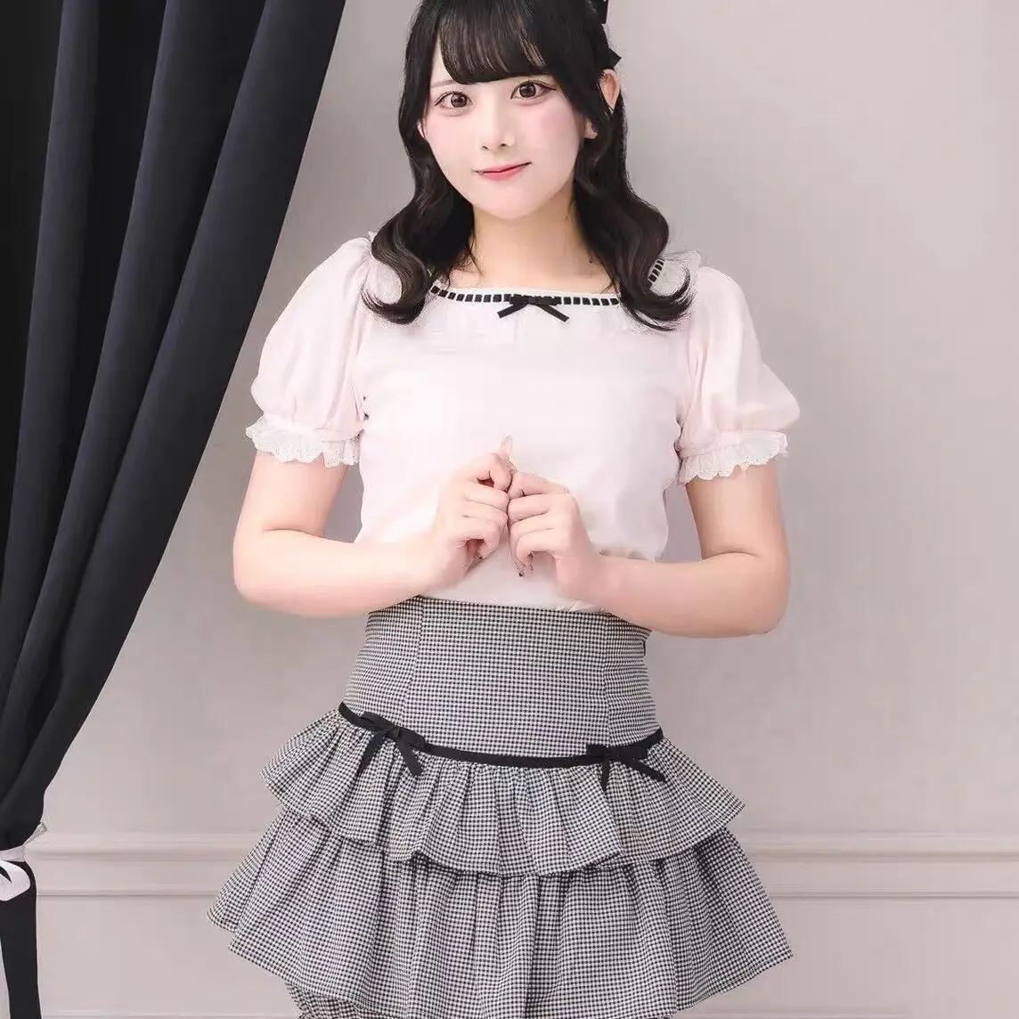 New Product Short Sleeve T-shirts for Women Square Collar Casual Tee Lace Bow Japanese Style Slimming Sweet Summer Girl Tops
