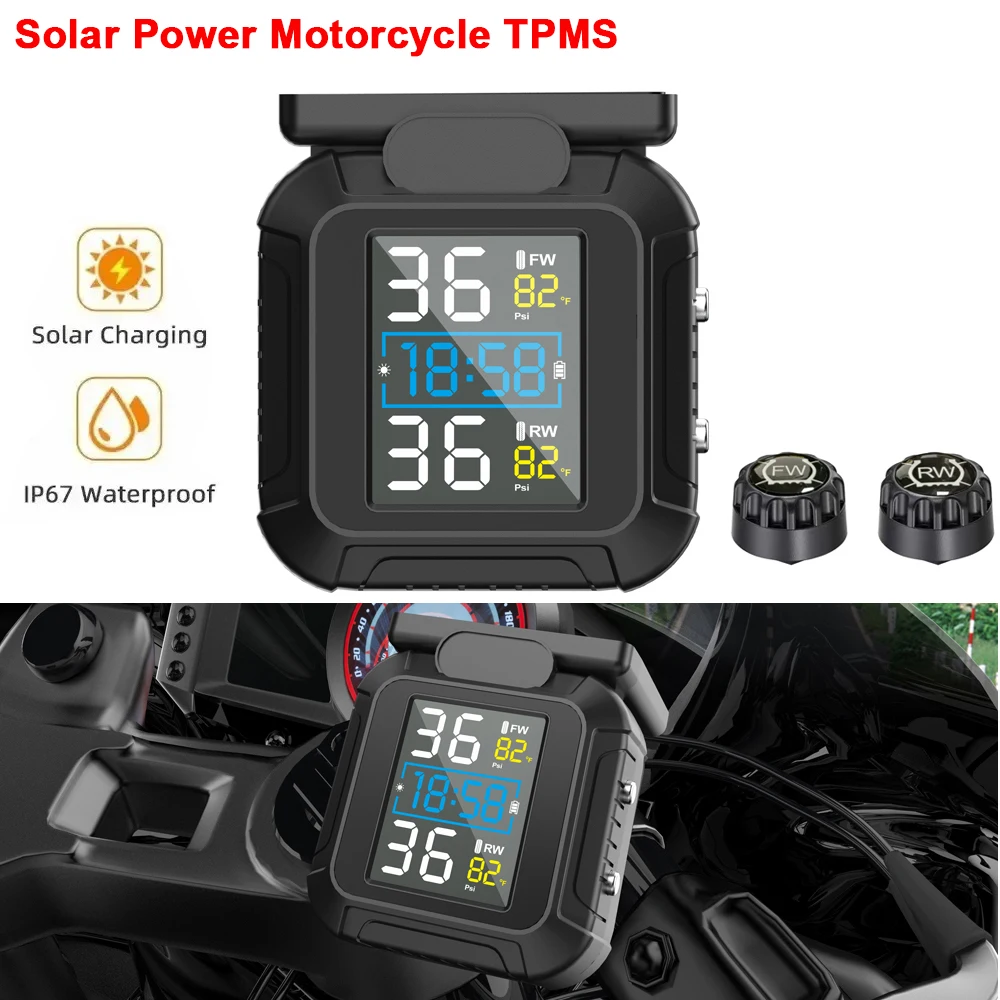 

Solar Power TPMS Motorcycle Tire Pressure Monitoring System Tire Pressure Sensors Tyre Temperature Alarm 2 External Sensor