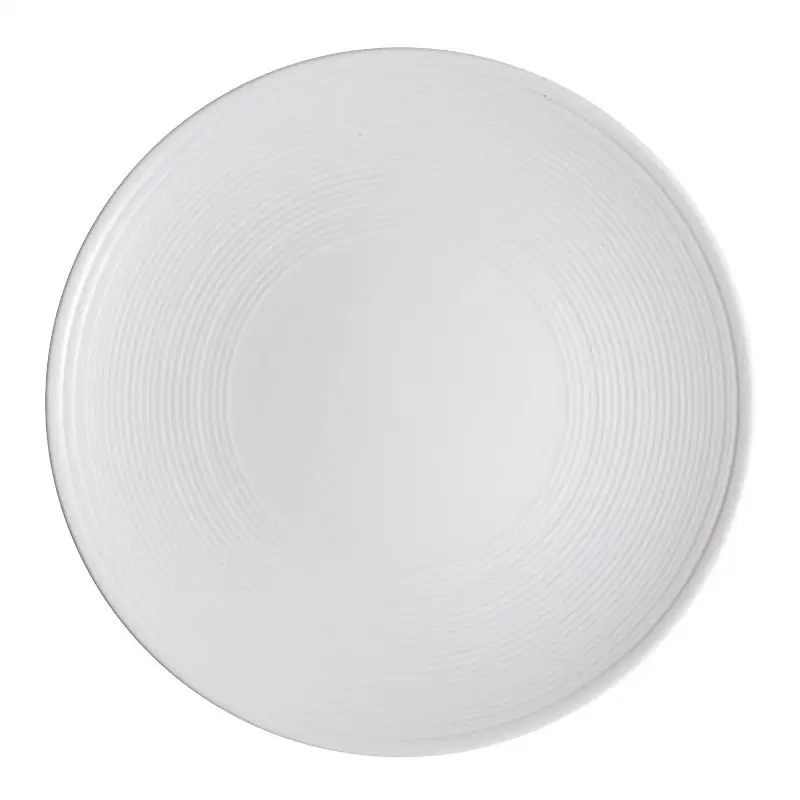 Reinweißer runder westlicher Steakteller aus Keramik, flaches Haushaltsgeschirr, Abendessen, Wohnzimmer