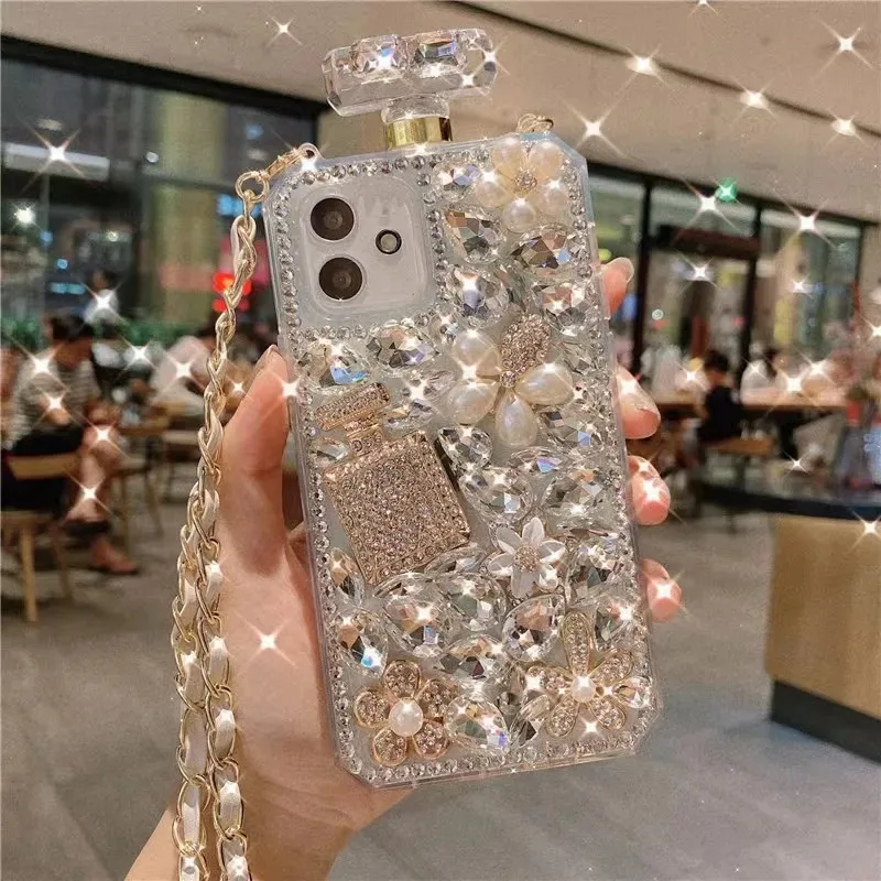 Perfume Bottle Glass Rhinestone Case for Samsung Galaxy S24, S20 Plus, S21 FE, S22, 23Ultra, Note 20, Full Bore Bear Case