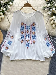 Women Spring Blouse Ethnic Style Retro Literature Loose Embroidered Cotton Linen Round Neck Pullover Shirt Casual Top A158