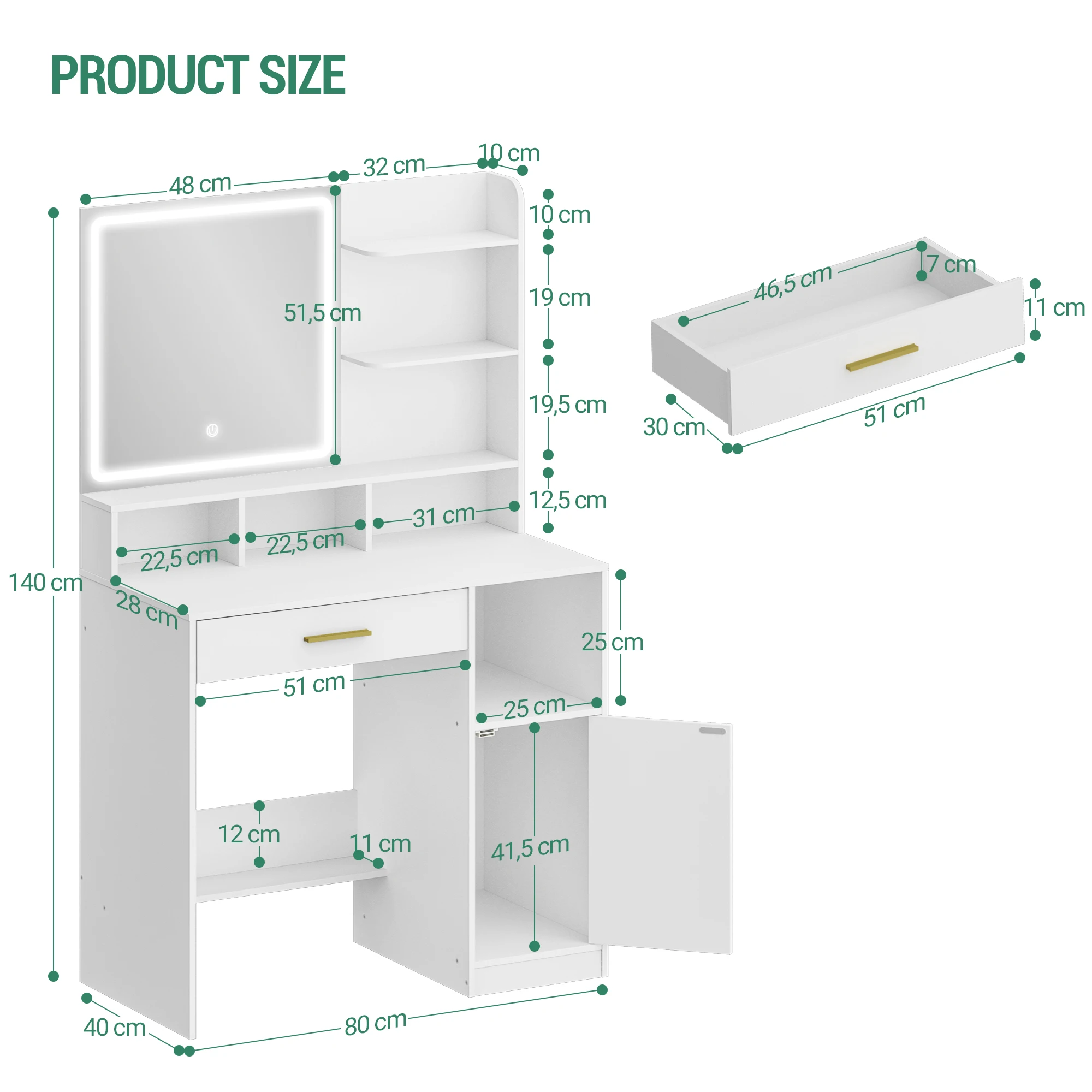 طاولة تزيين هزوانري مع مرآة وإضاءة LED، مع 3 أرفف و4 مقصورات مفتوحة، مع أدراج وخزائن