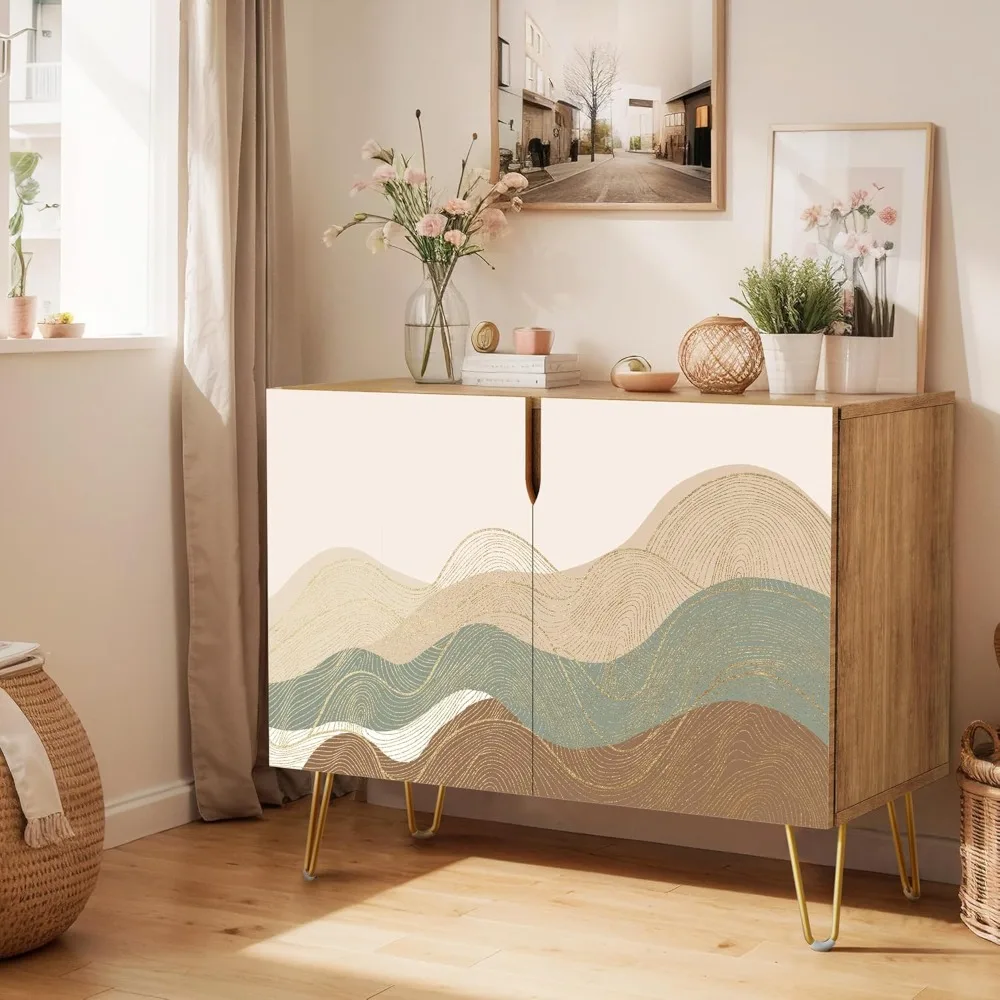 

Sideboard Buffet Cabinet, Kitchen Storage Cabinet with 2 Doors, Multicolor Geometric Mountain, Cupboard Console Table for Dinin
